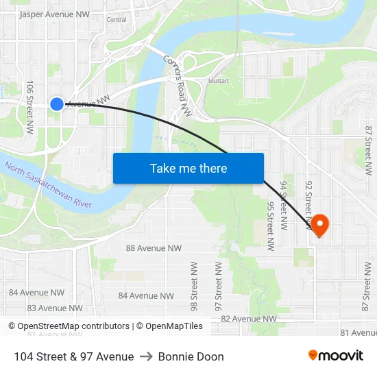 104 Street & 97 Avenue to Bonnie Doon map