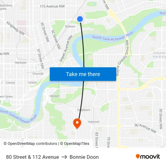 80 Street & 112 Avenue to Bonnie Doon map