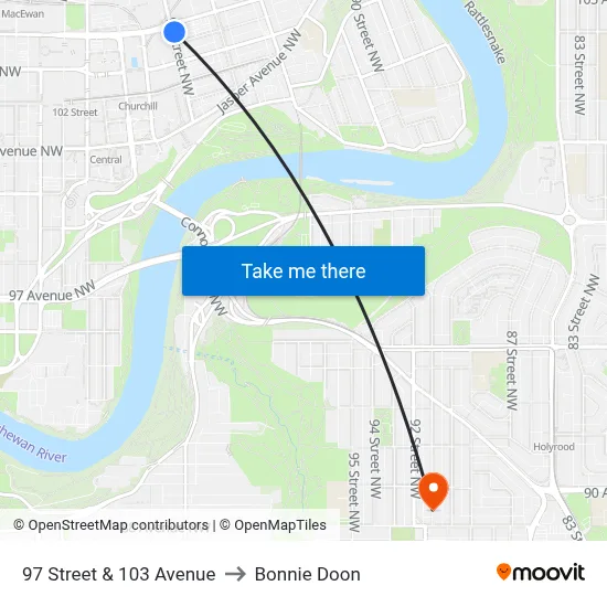 97 Street & 103 Avenue to Bonnie Doon map