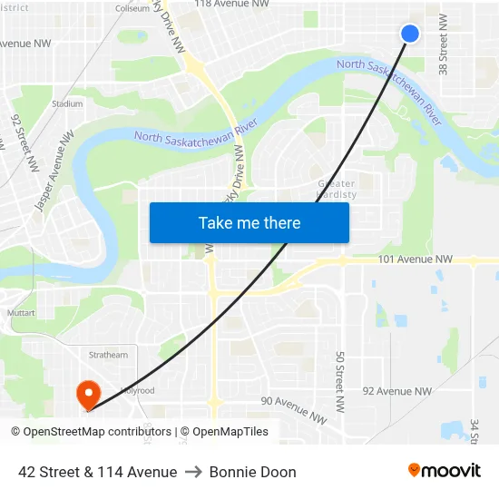 42 Street & 114 Avenue to Bonnie Doon map