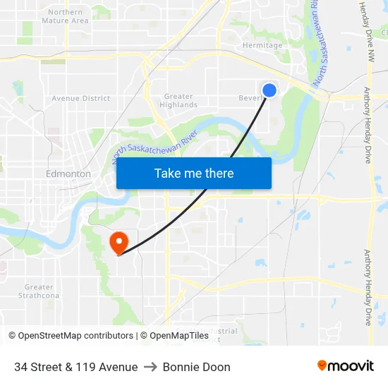34 Street & 119 Avenue to Bonnie Doon map