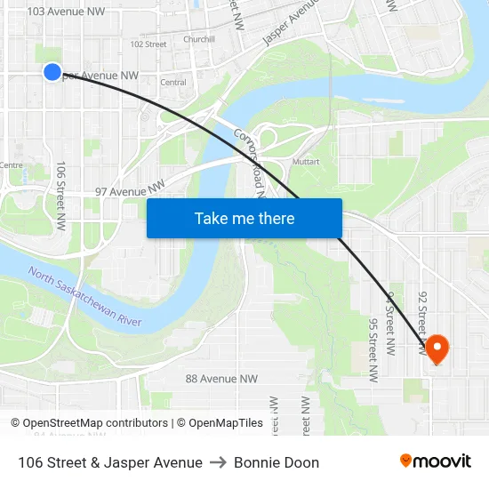 106 Street & Jasper Avenue to Bonnie Doon map