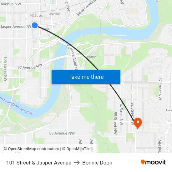 101 Street & Jasper Avenue to Bonnie Doon map
