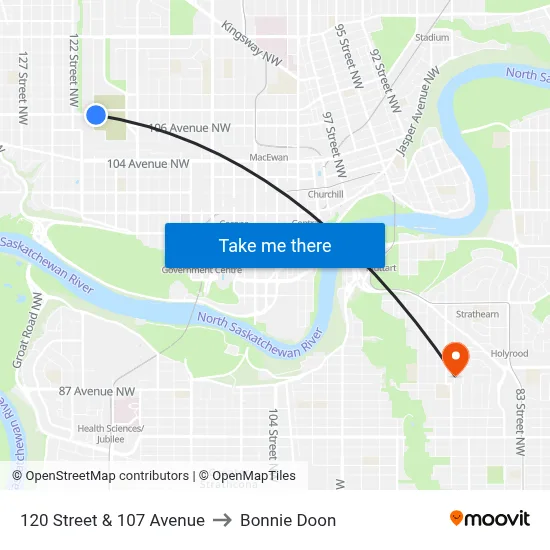 120 Street & 107 Avenue to Bonnie Doon map