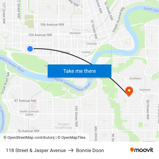 118 Street & Jasper Avenue to Bonnie Doon map
