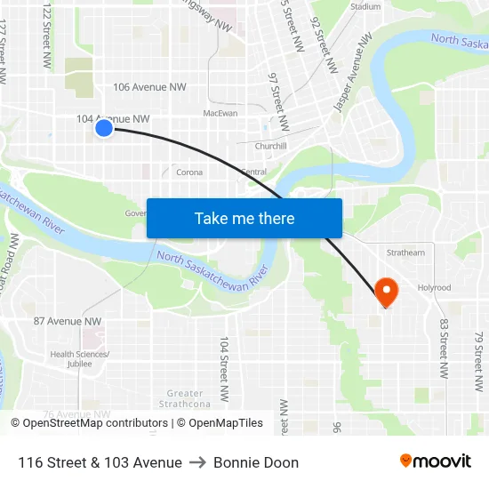 116 Street & 103 Avenue to Bonnie Doon map