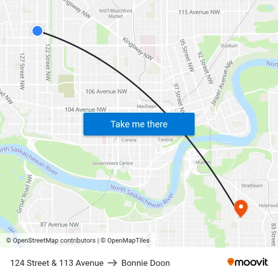 124 Street & 113 Avenue to Bonnie Doon map