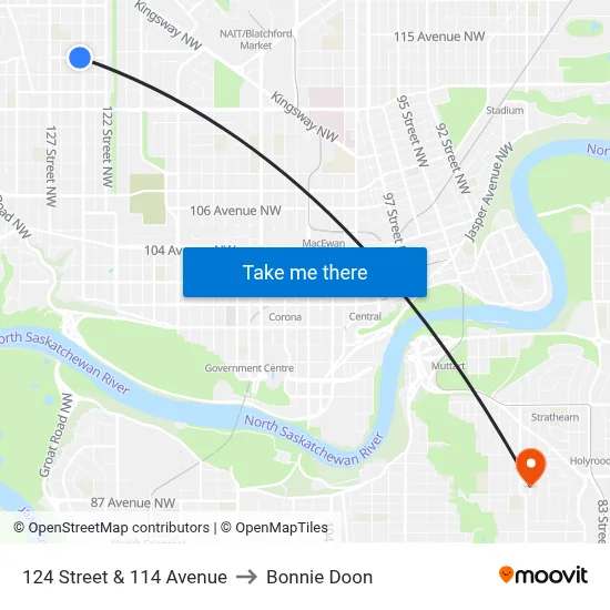 124 Street & 114 Avenue to Bonnie Doon map