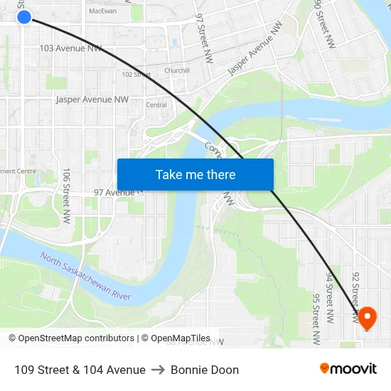 109 Street & 104 Avenue to Bonnie Doon map