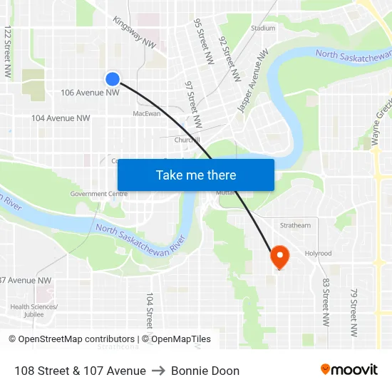 108 Street & 107 Avenue to Bonnie Doon map