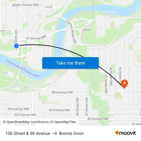 106 Street & 96 Avenue to Bonnie Doon map
