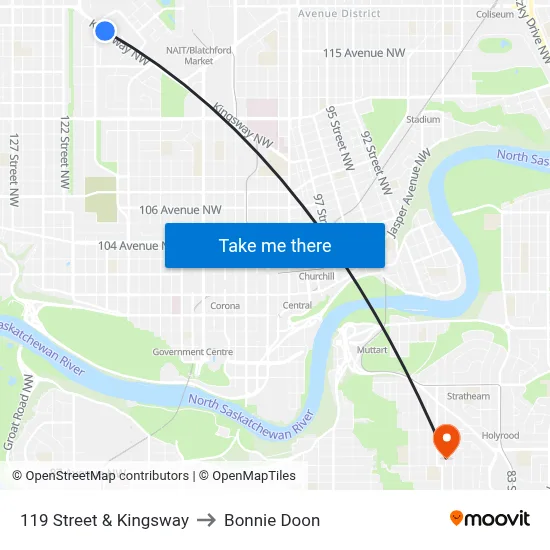 119 Street & Kingsway to Bonnie Doon map