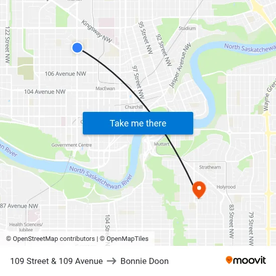 109 Street & 109 Avenue to Bonnie Doon map