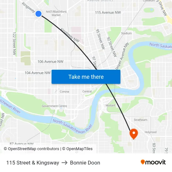 115 Street & Kingsway to Bonnie Doon map