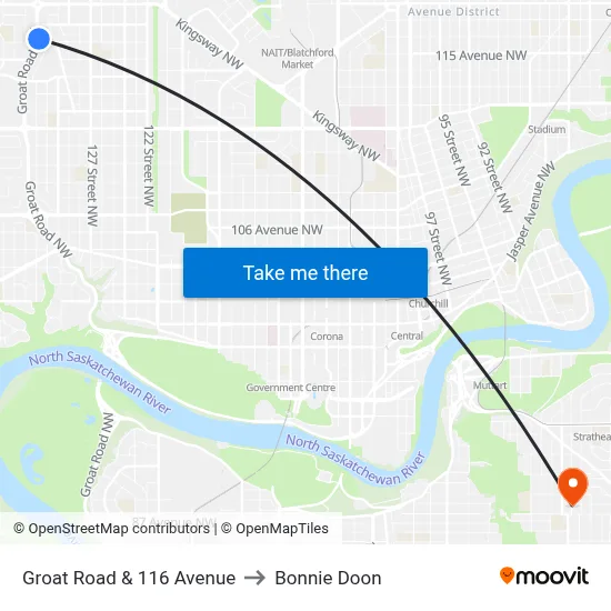 Groat Road & 116 Avenue to Bonnie Doon map
