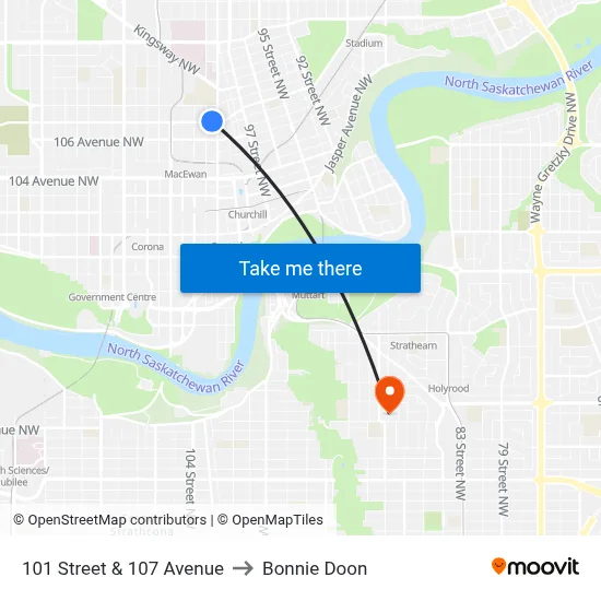 101 Street & 107 Avenue to Bonnie Doon map