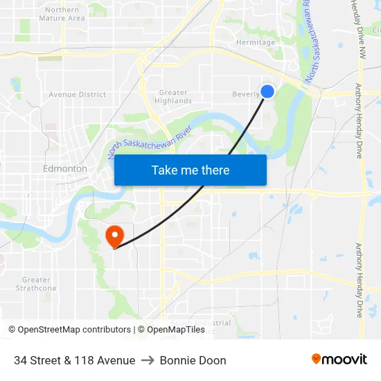 34 Street & 118 Avenue to Bonnie Doon map