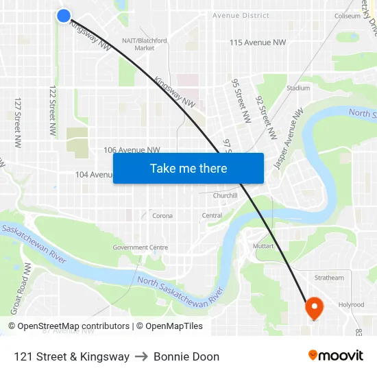 121 Street & Kingsway to Bonnie Doon map