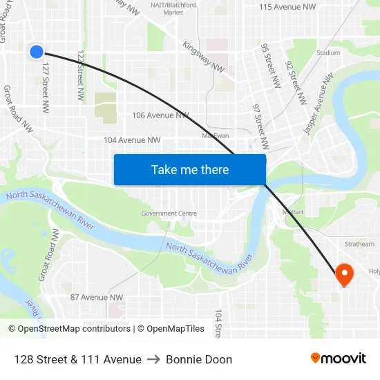 128 Street & 111 Avenue to Bonnie Doon map