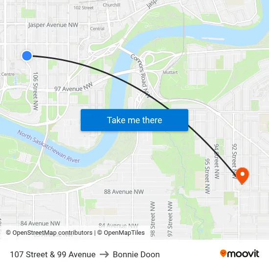 107 Street & 99 Avenue to Bonnie Doon map