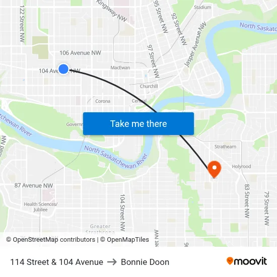 114 Street & 104 Avenue to Bonnie Doon map