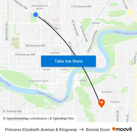 Princess Elizabeth Avenue & Kingsway to Bonnie Doon map