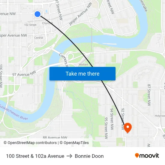 100 Street & 102a Avenue to Bonnie Doon map