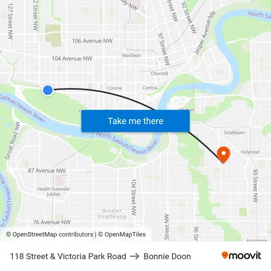 118 Street & Victoria Park Road to Bonnie Doon map