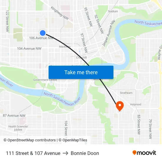 111 Street & 107 Avenue to Bonnie Doon map