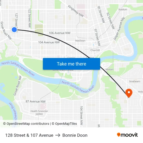 128 Street & 107 Avenue to Bonnie Doon map