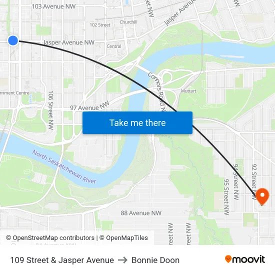 109 Street & Jasper Avenue to Bonnie Doon map