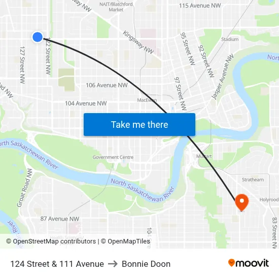 124 Street & 111 Avenue to Bonnie Doon map
