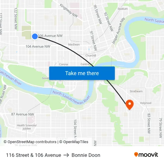 116 Street & 106 Avenue to Bonnie Doon map