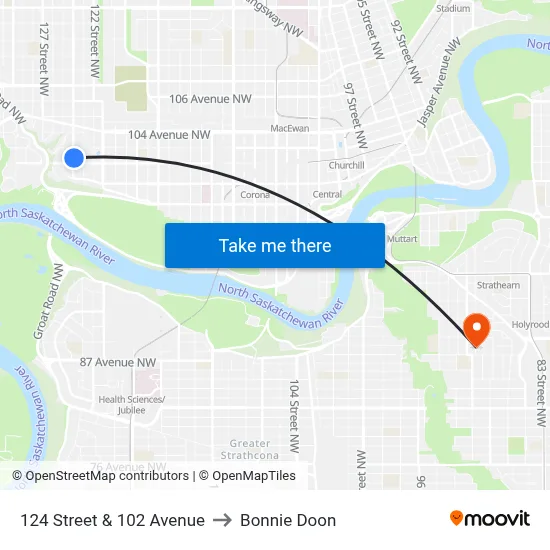 124 Street & 102 Avenue to Bonnie Doon map
