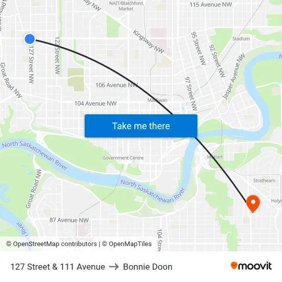 127 Street & 111 Avenue to Bonnie Doon map