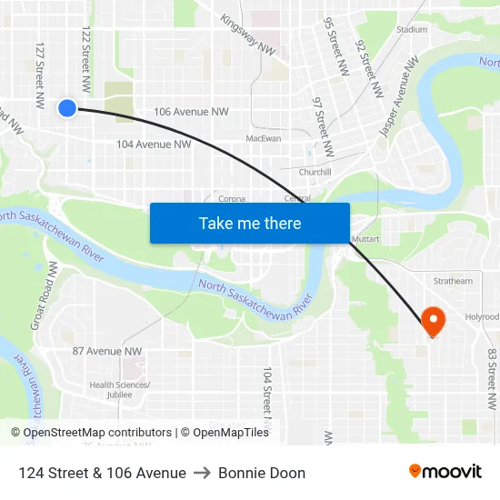 124 Street & 106 Avenue to Bonnie Doon map