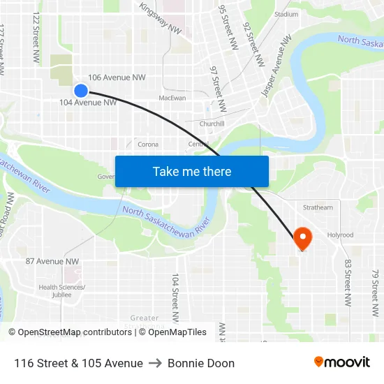 116 Street & 105 Avenue to Bonnie Doon map