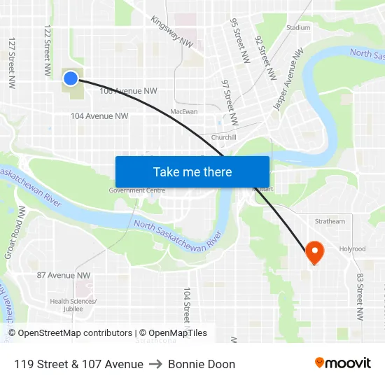 119 Street & 107 Avenue to Bonnie Doon map