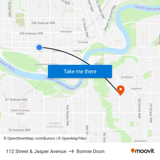 112 Street & Jasper Avenue to Bonnie Doon map