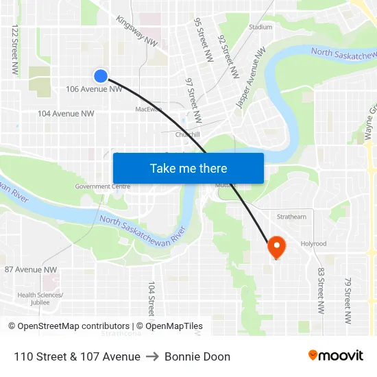 110 Street & 107 Avenue to Bonnie Doon map