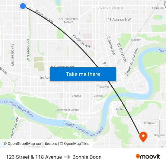 123 Street & 118 Avenue to Bonnie Doon map