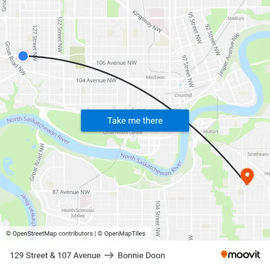 129 Street & 107 Avenue to Bonnie Doon map