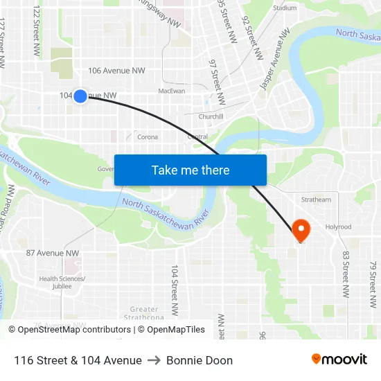 116 Street & 104 Avenue to Bonnie Doon map