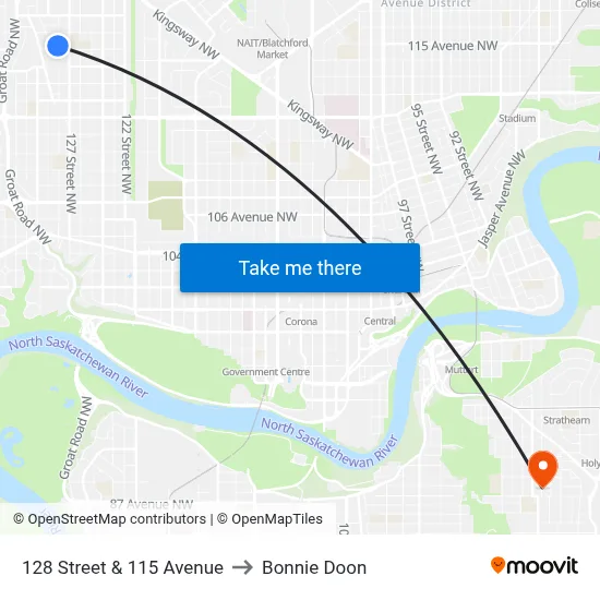 128 Street & 115 Avenue to Bonnie Doon map