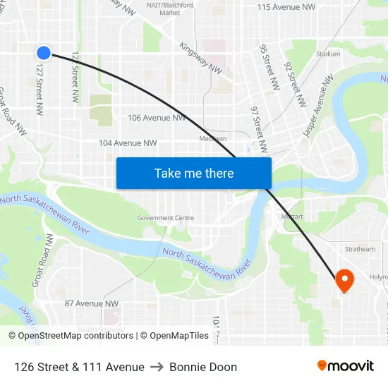 126 Street & 111 Avenue to Bonnie Doon map