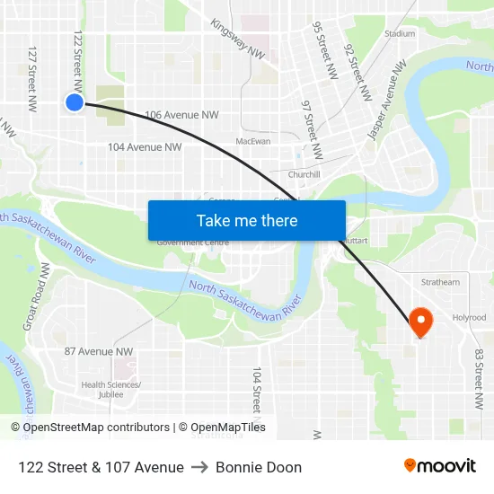 122 Street & 107 Avenue to Bonnie Doon map
