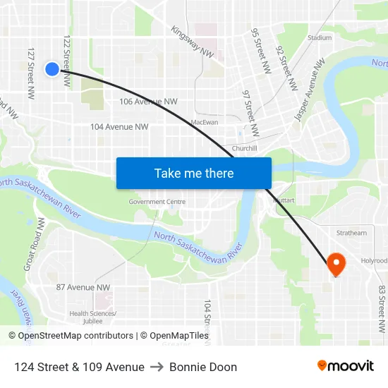 124 Street & 109 Avenue to Bonnie Doon map