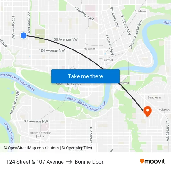 124 Street & 107 Avenue to Bonnie Doon map