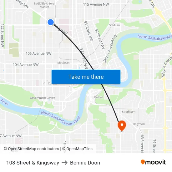 108 Street & Kingsway to Bonnie Doon map