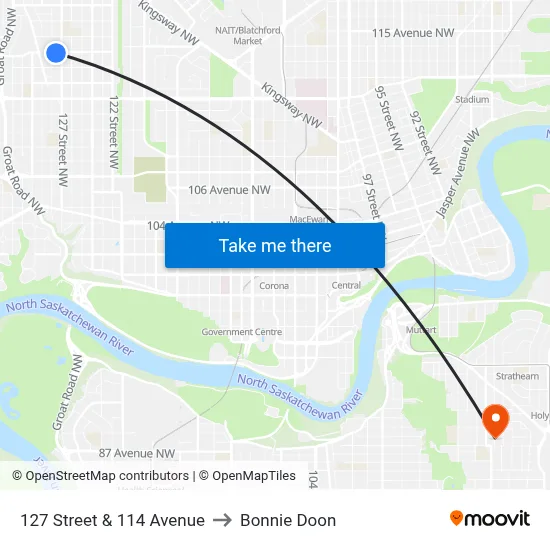 127 Street & 114 Avenue to Bonnie Doon map